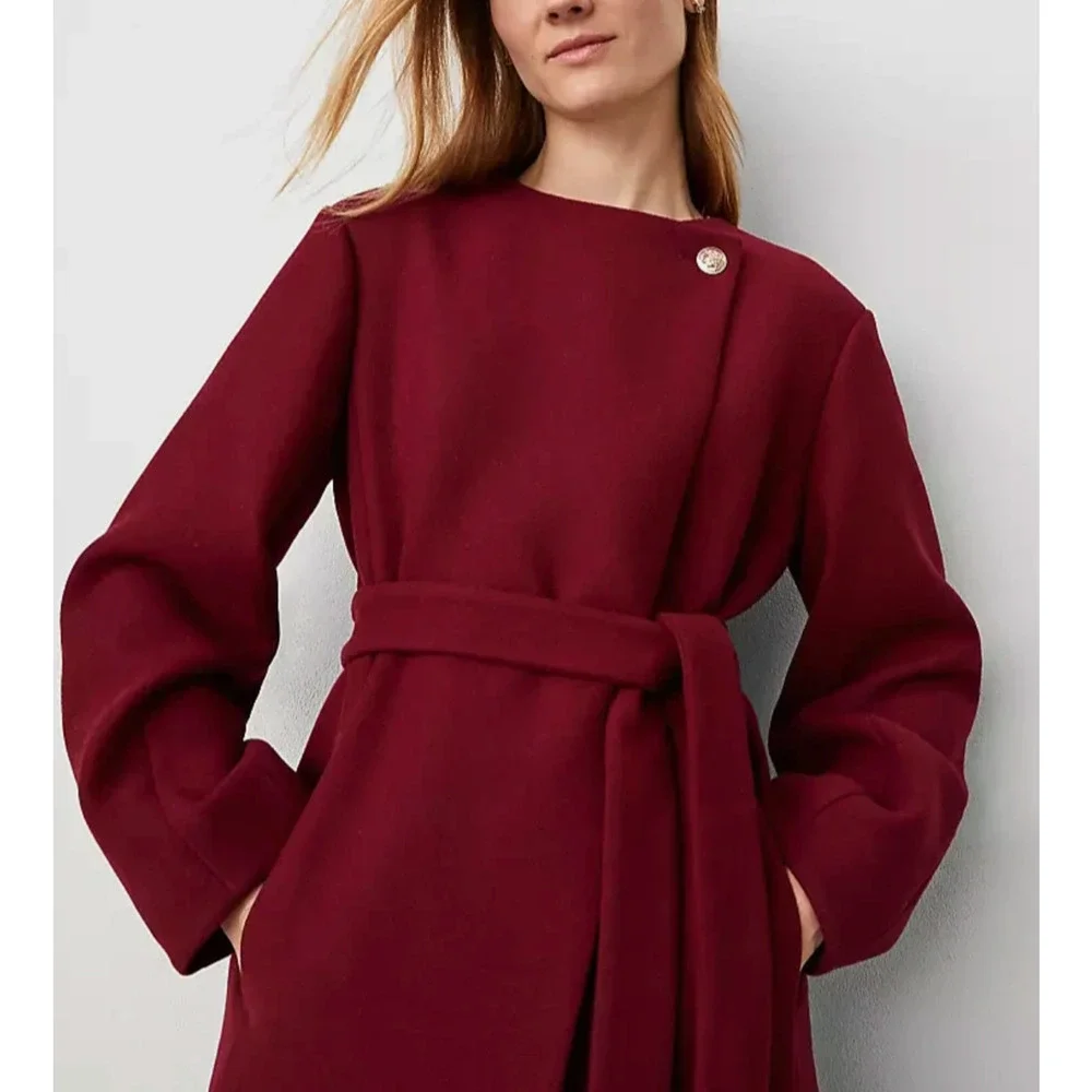 NEW ANN TAYLOR RICH MULBERRY TIE WAIST BALLOON SLEEVE WOOL BLEND COAT SZ XL - Picture 2 of 7